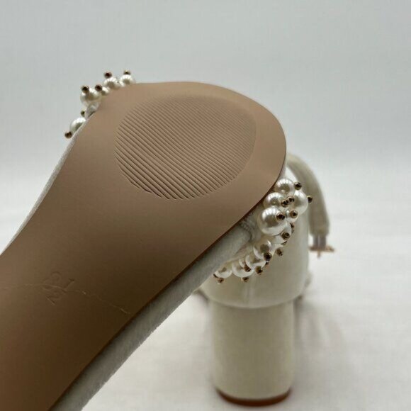 White Velvet Open Toe Sandals Pearl Strap Chunky Heel Ankle Buckle Strap Summer - Picture 5 of 7